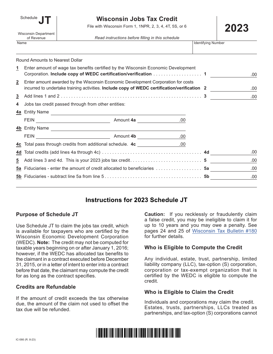 Form IC-066 Schedule JT Wisconsin Jobs Tax Credit - Wisconsin, Page 1