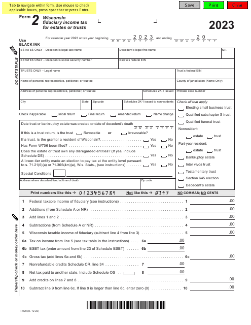 Form 2 (I-020) Wisconsin Fiduciary Income Tax for Estates or Trusts - Wisconsin, 2023