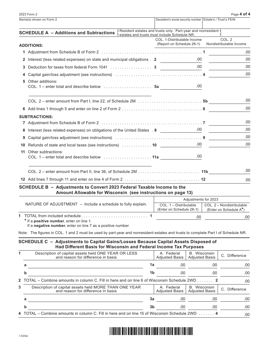 Form 2 (I-020) Wisconsin Fiduciary Income Tax for Estates or Trusts - Wisconsin, Page 4