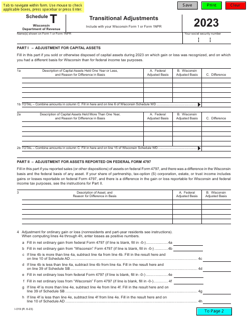 Form I-019 Schedule T Transitional Adjustments - Wisconsin, 2023