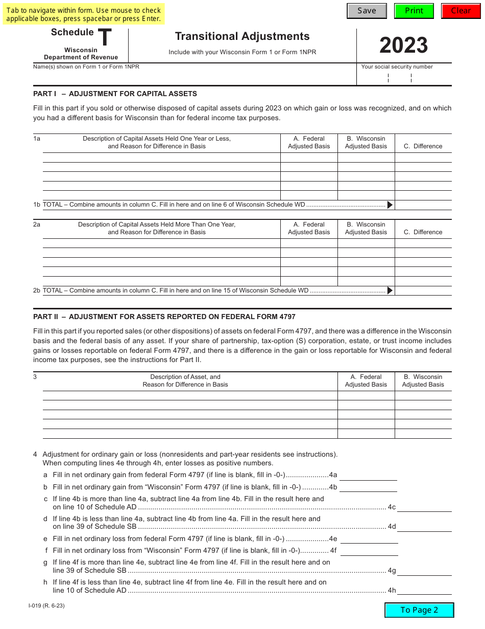 Form I-019 Schedule T Transitional Adjustments - Wisconsin, Page 1