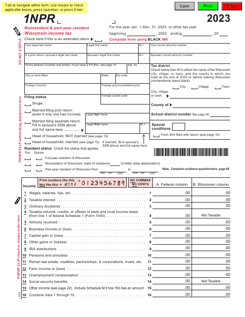 Form 1NPR (I-050I) Nonresident and Part-Year Resident Income Tax Return - Wisconsin, 2023