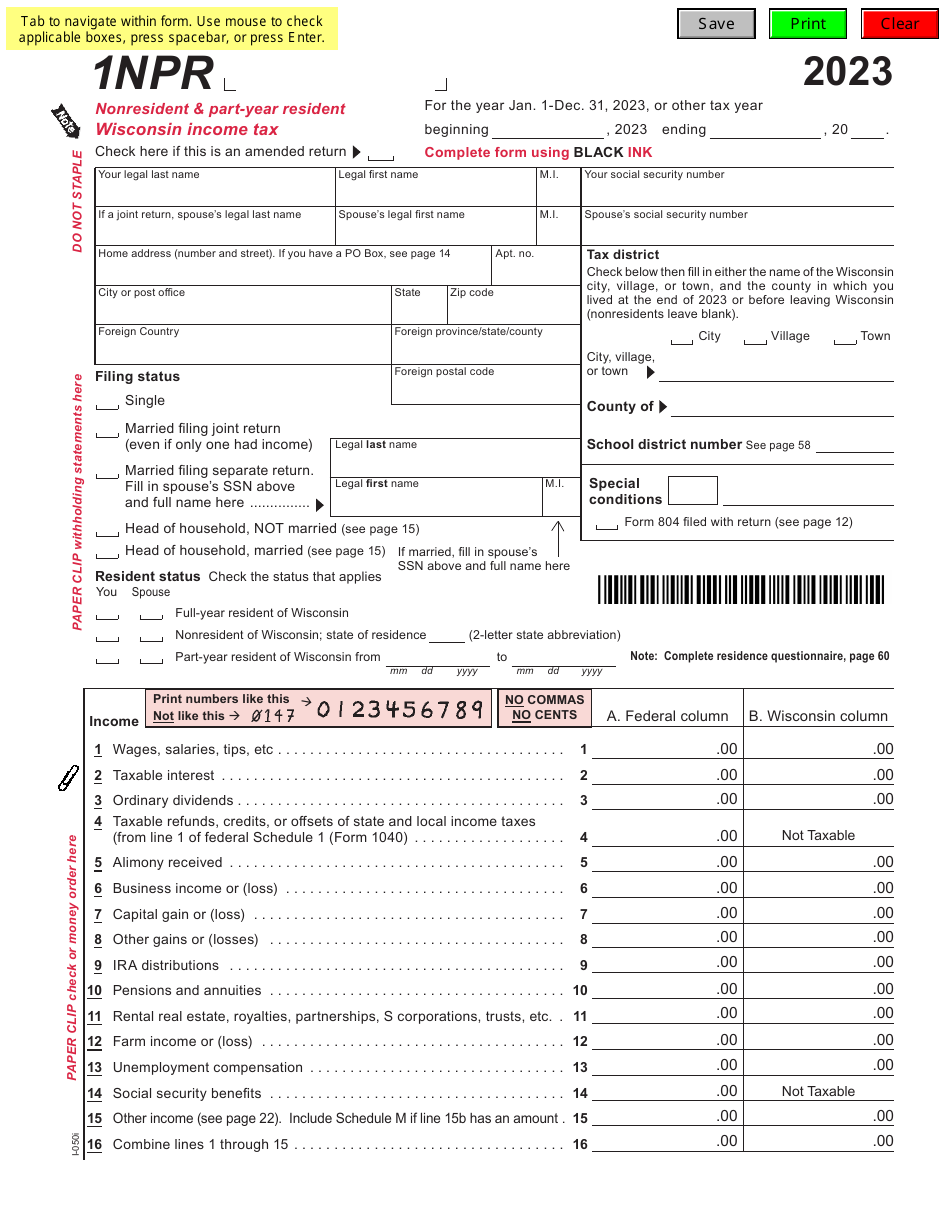Form 1NPR (I-050I) Nonresident and Part-Year Resident Income Tax Return - Wisconsin, Page 1