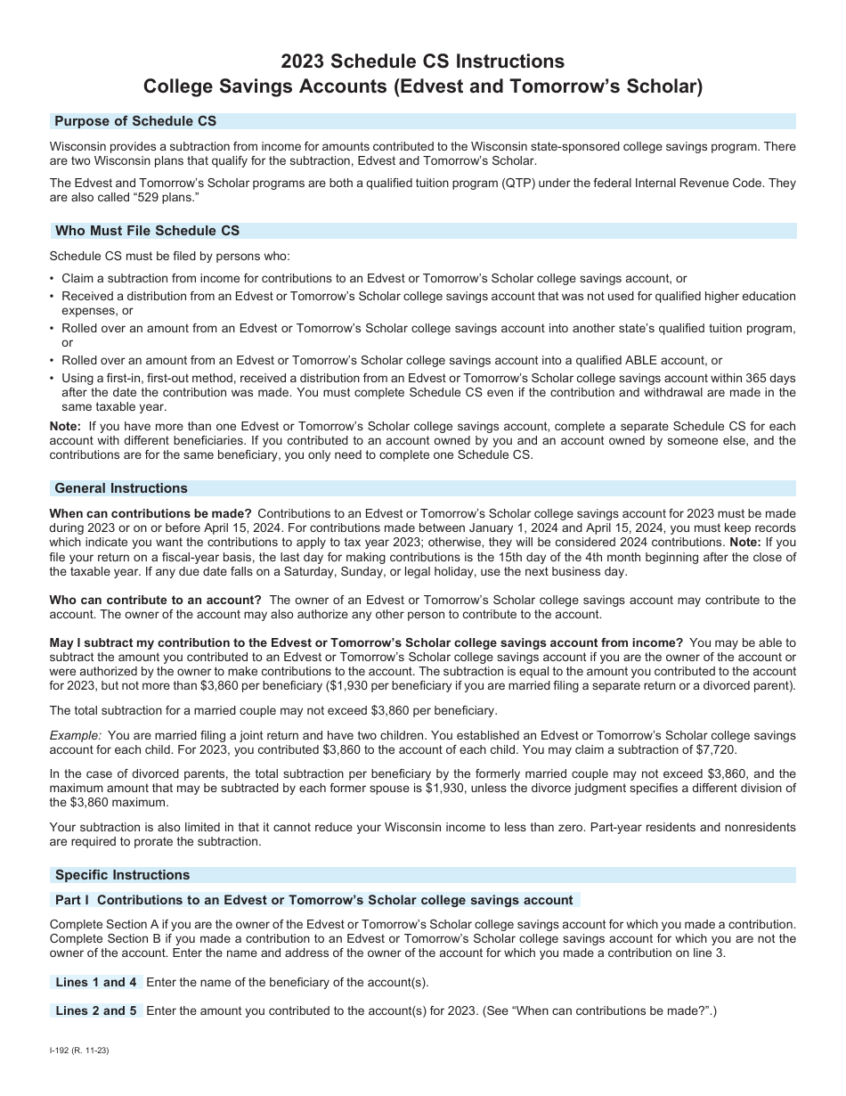 Instructions for Form I-092 College Savings Accounts (Edvest and Tomorrows Scholar) - Wisconsin, Page 1