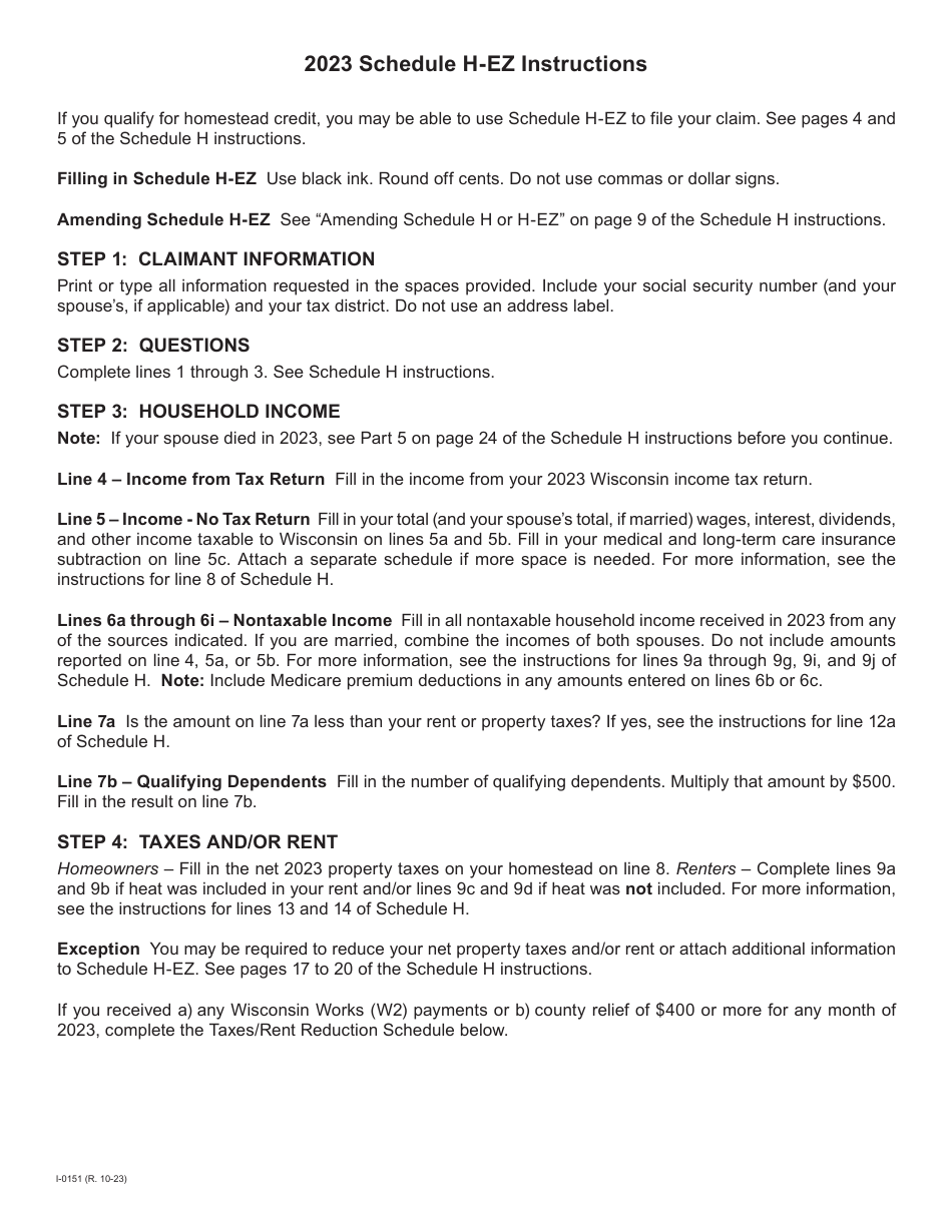 Download Instructions for Form I015I Schedule HEZ Wisconsin Homestead Credit PDF, 2023 2021