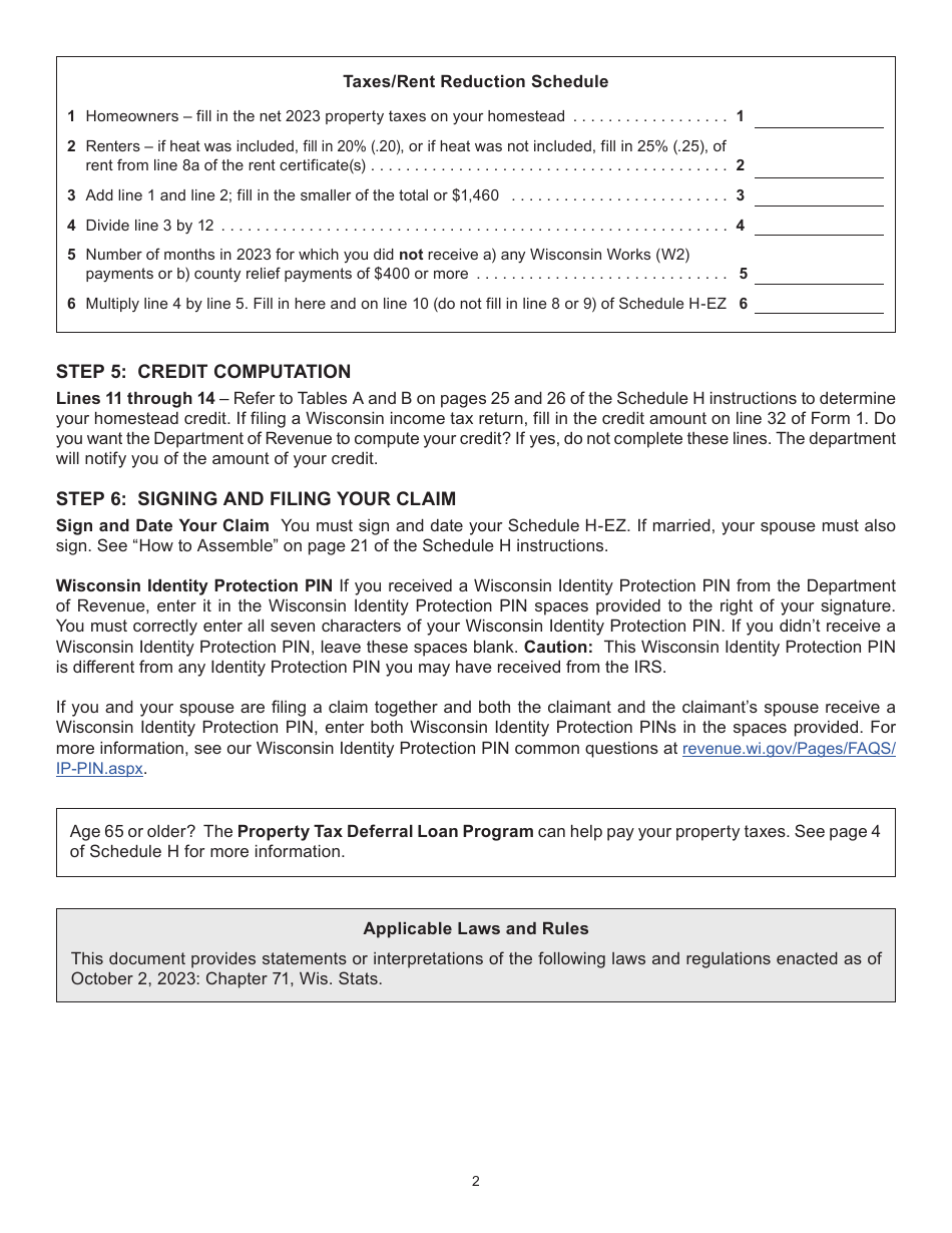 Instructions for Form I-015I Schedule H-EZ Wisconsin Homestead Credit - Wisconsin, Page 2