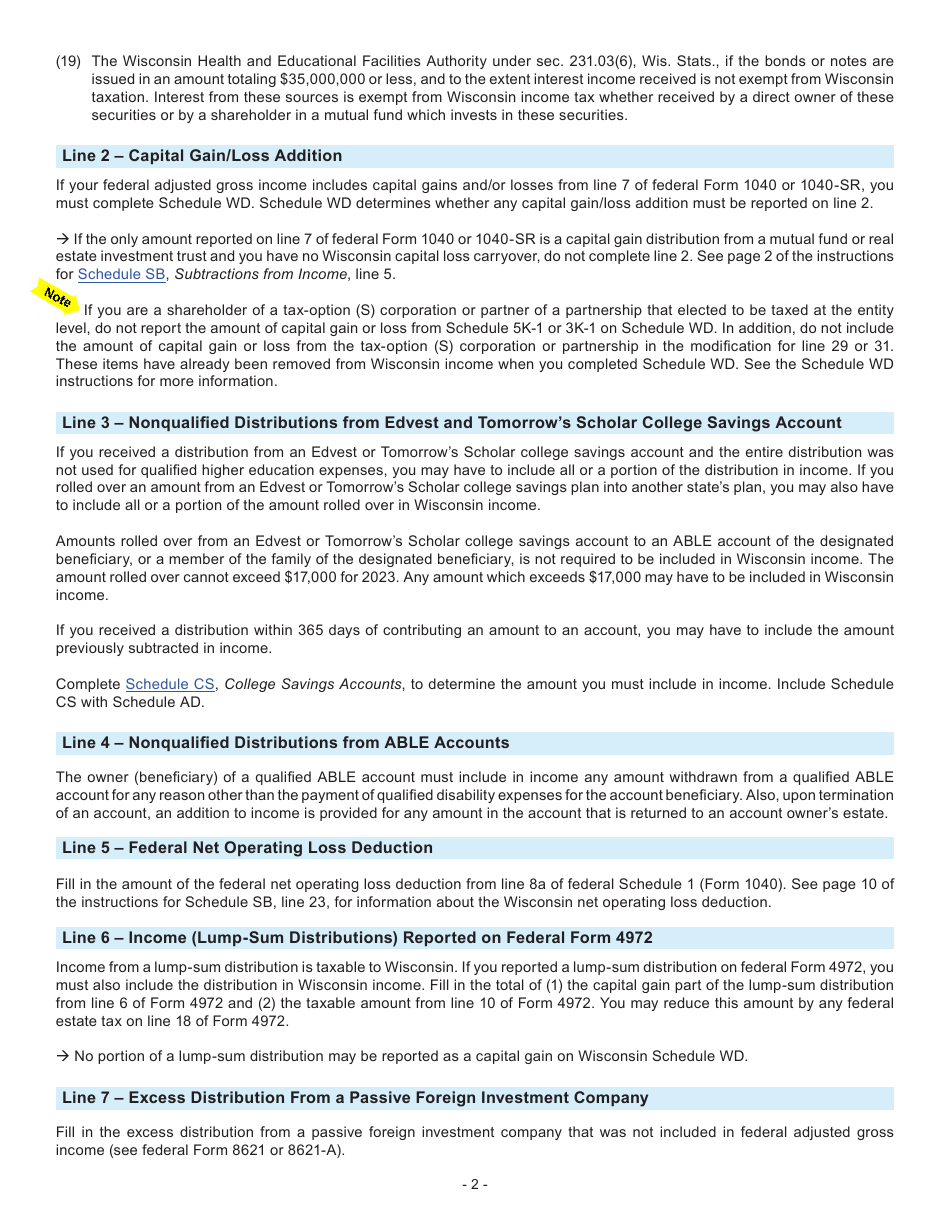 Instructions for Form 1, I-0101 Schedule AD Additions to Income - Wisconsin, Page 2