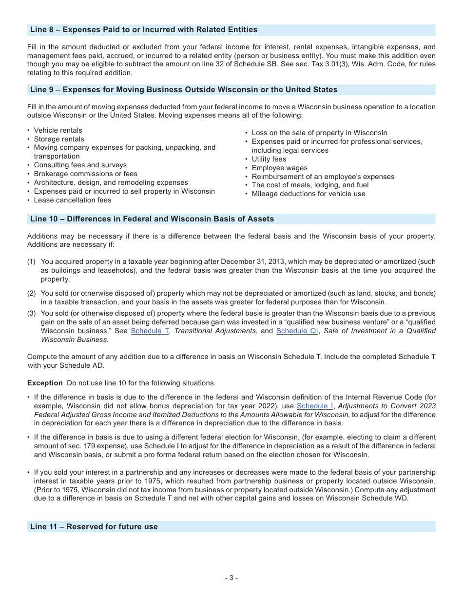 Instructions for Form 1, I-0101 Schedule AD Additions to Income - Wisconsin, Page 3