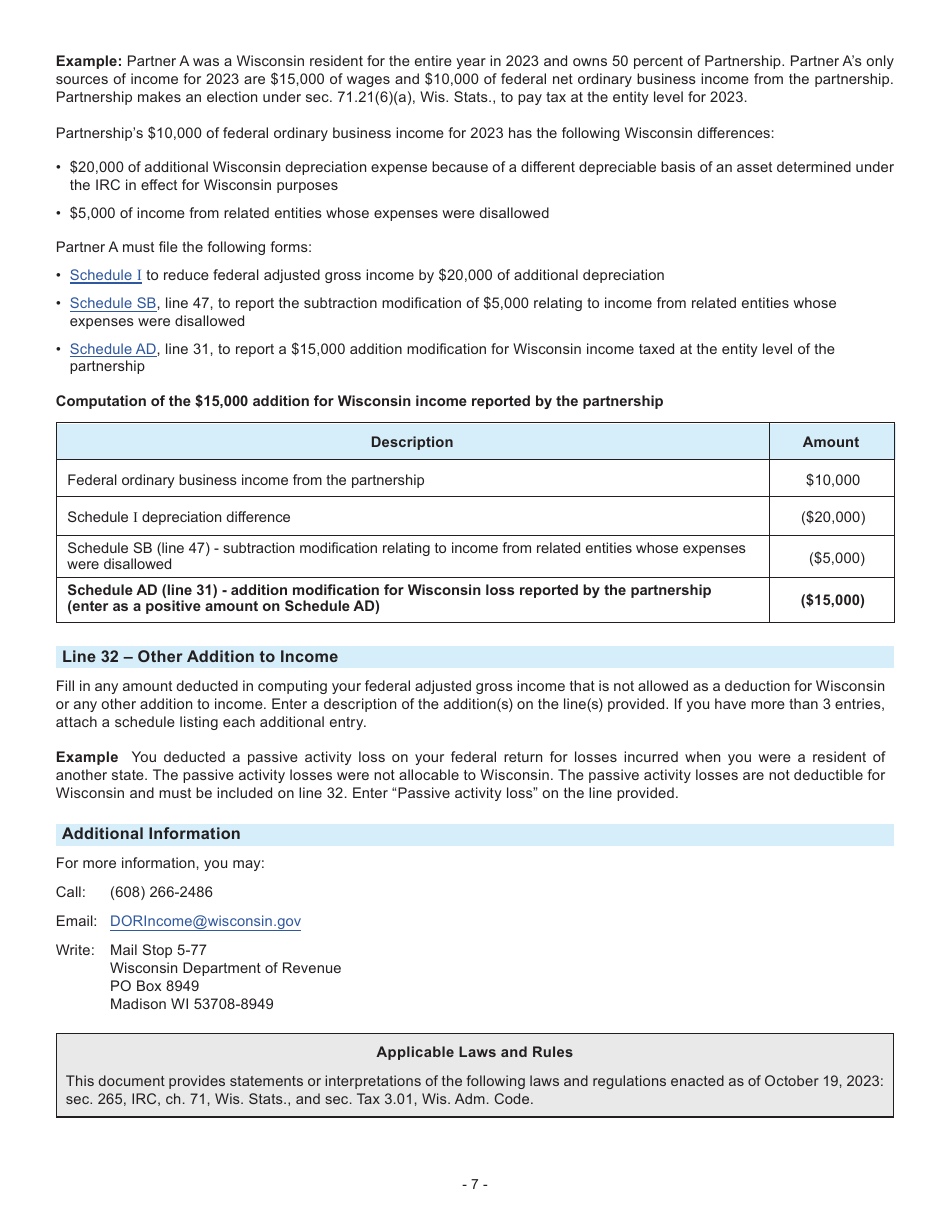 Instructions for Form 1, I-0101 Schedule AD Additions to Income - Wisconsin, Page 7