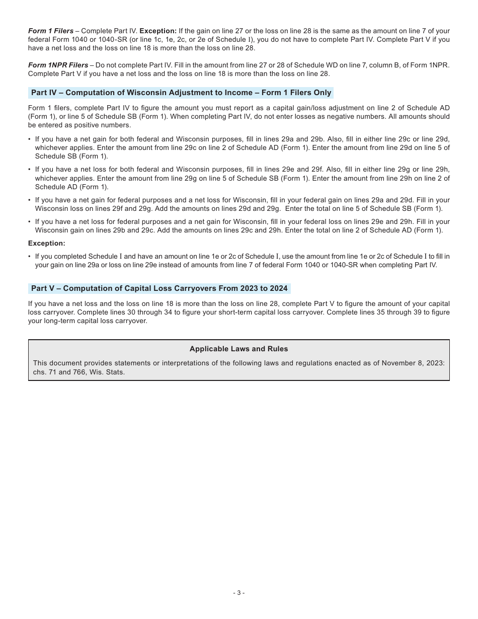 Instructions for Form I-070I Schedule WD Capital Gains and Losses - Wisconsin, Page 3