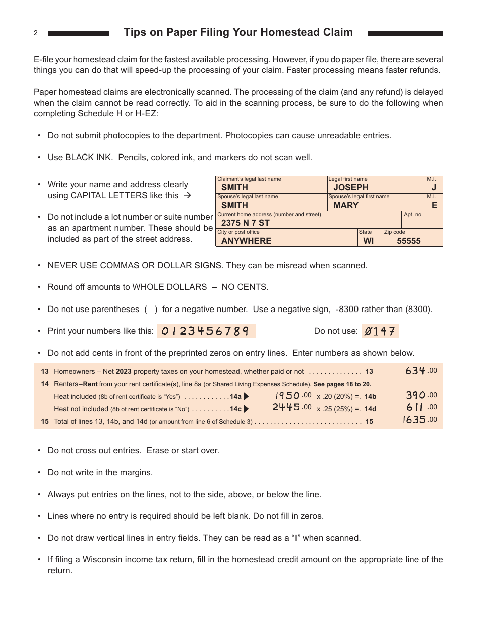 Instructions for Form I-015I, I-016I Schedule H, H-EZ - Wisconsin, Page 2
