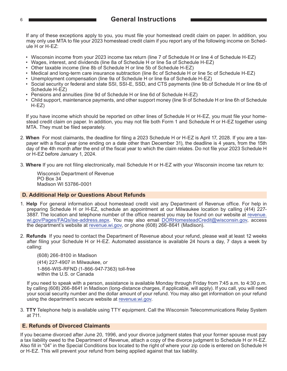 Instructions for Form I-015I, I-016I Schedule H, H-EZ - Wisconsin, Page 6