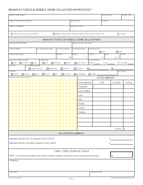 Form PA-117 Manufactured & Mobile Home Valuation Worksheet - Wisconsin