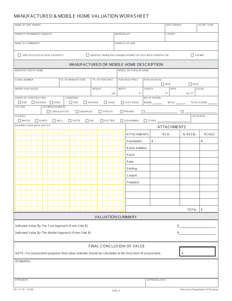 Form PA-117 Manufactured  Mobile Home Valuation Worksheet - Wisconsin, Page 1