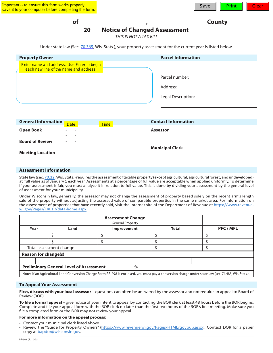 Form PR-301 Notice of Changed Assessment - Wisconsin, Page 1