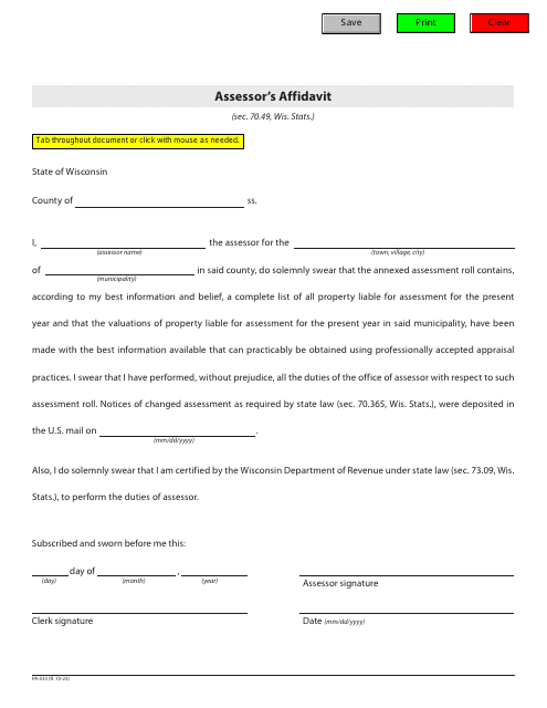 Form PA-533 Assessor's Affidavit - Wisconsin