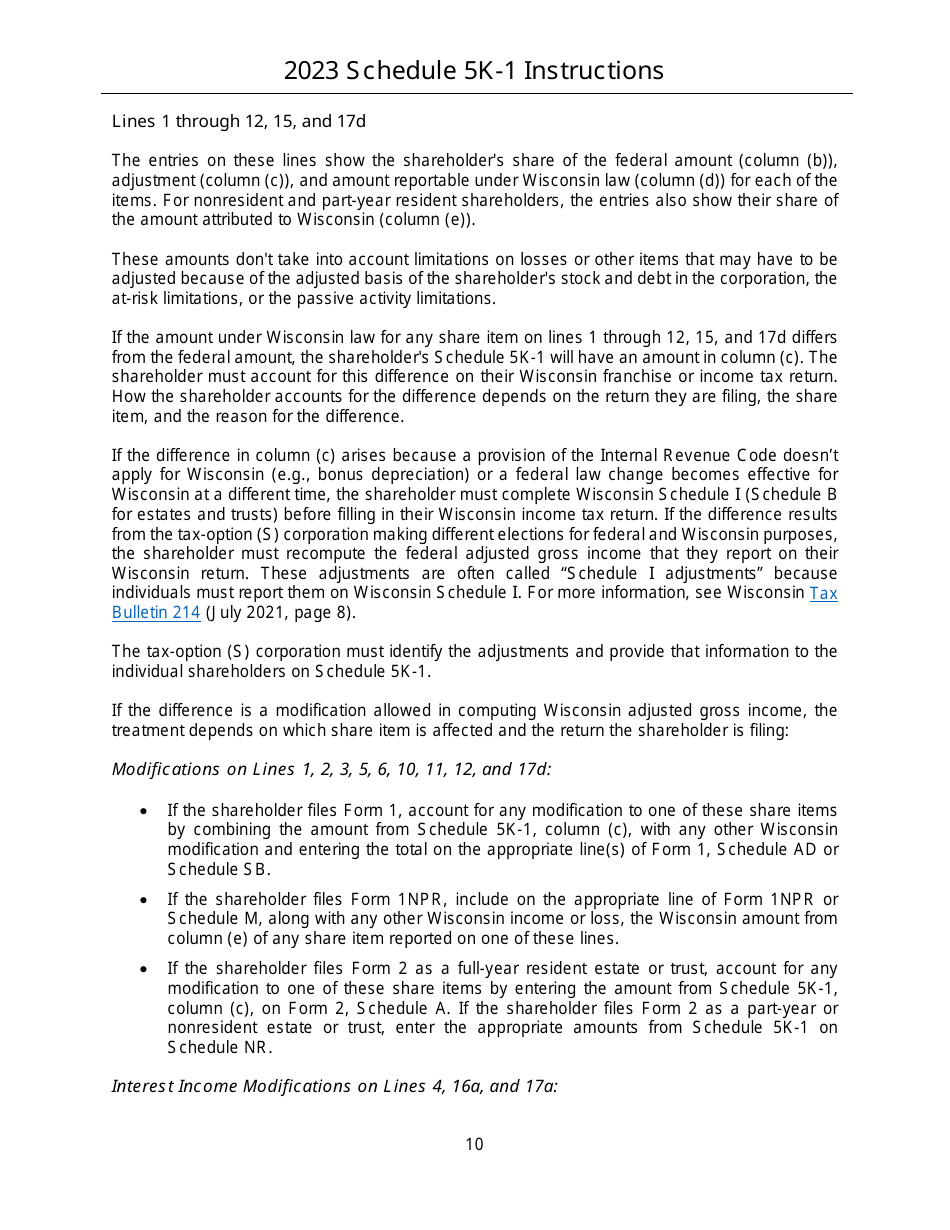 Instructions for Form IC-056 Schedule 5K-1 Tax-Option (S) Corporation Shareholders Share of Income, Deductions, Credits, Etc. - Wisconsin, Page 10