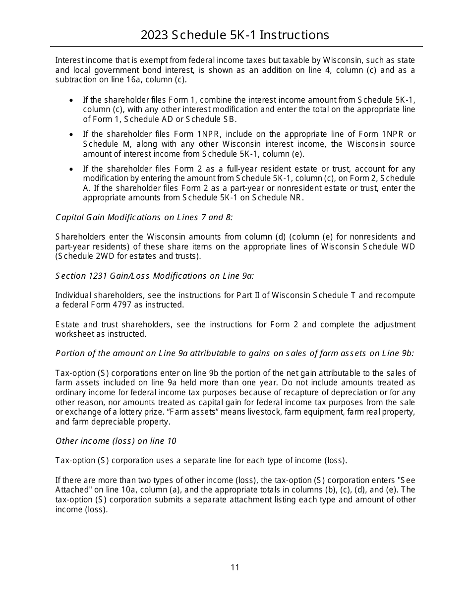 Instructions for Form IC-056 Schedule 5K-1 Tax-Option (S) Corporation Shareholders Share of Income, Deductions, Credits, Etc. - Wisconsin, Page 11