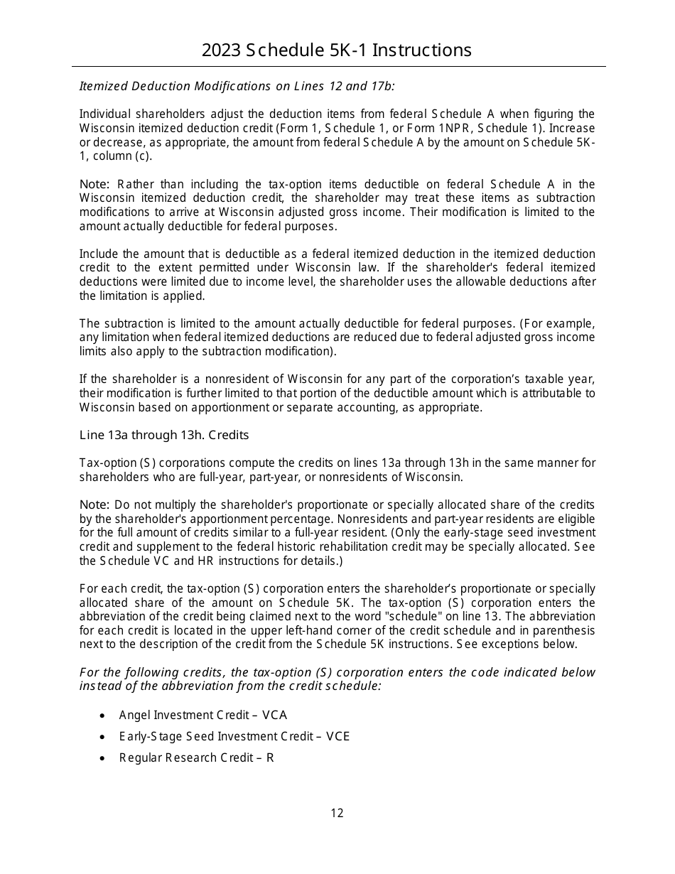 Instructions for Form IC-056 Schedule 5K-1 Tax-Option (S) Corporation Shareholders Share of Income, Deductions, Credits, Etc. - Wisconsin, Page 12