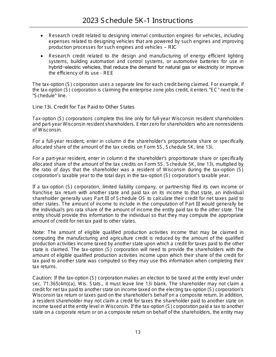 Instructions for Form IC-056 Schedule 5K-1 Tax-Option (S) Corporation Shareholders Share of Income, Deductions, Credits, Etc. - Wisconsin, Page 13