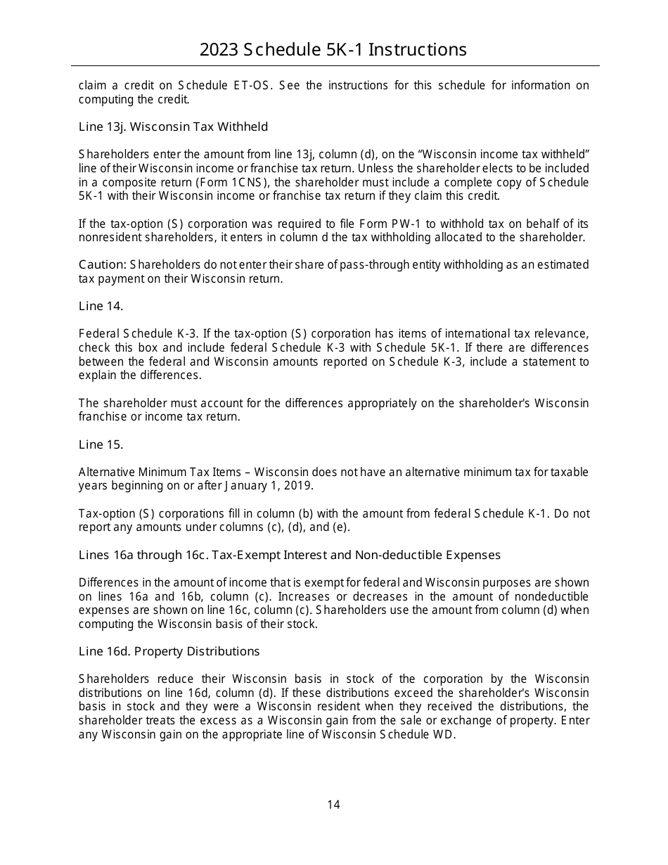 Instructions for Form IC-056 Schedule 5K-1 Tax-Option (S) Corporation Shareholders Share of Income, Deductions, Credits, Etc. - Wisconsin, Page 14