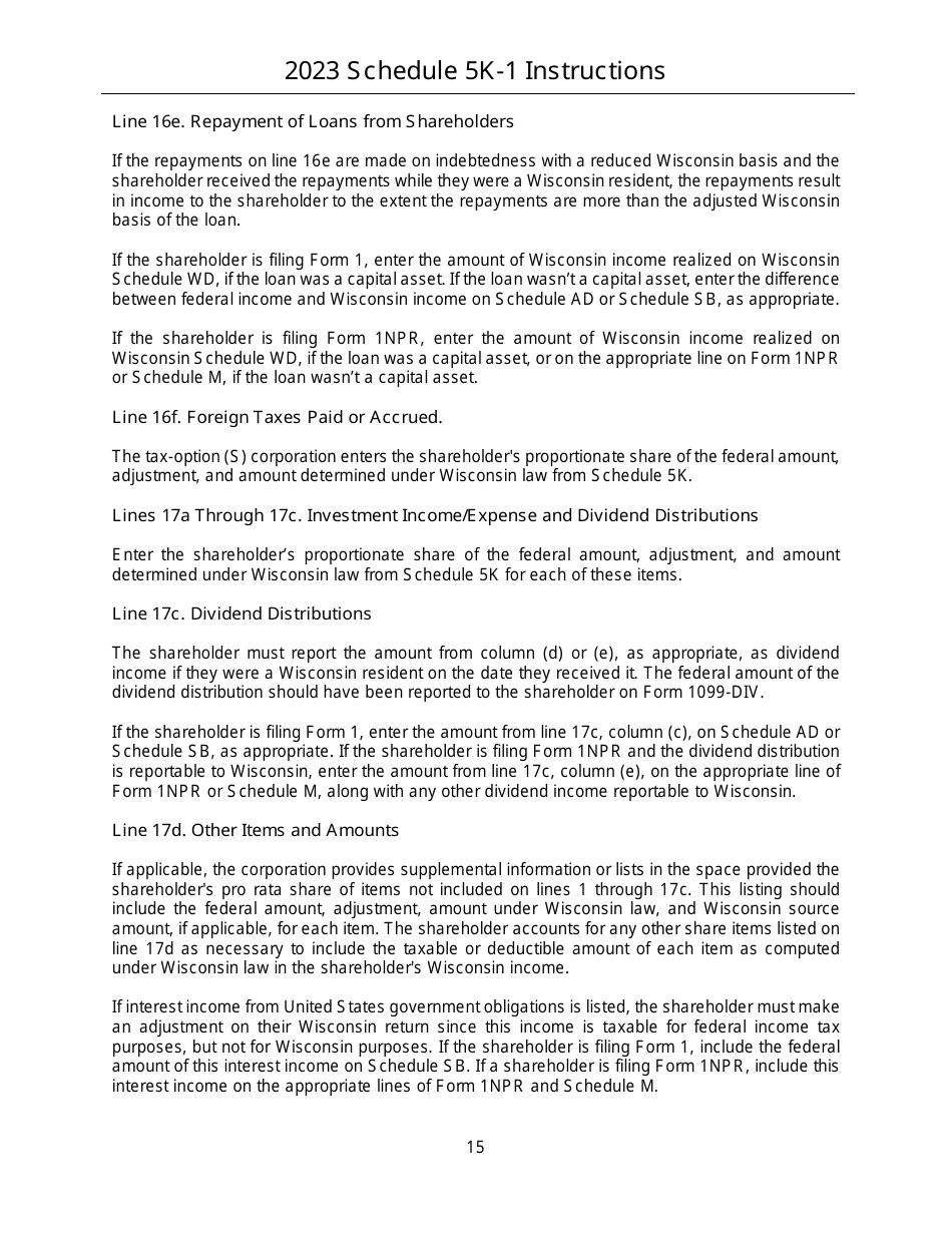 Instructions for Form IC-056 Schedule 5K-1 Tax-Option (S) Corporation Shareholders Share of Income, Deductions, Credits, Etc. - Wisconsin, Page 15