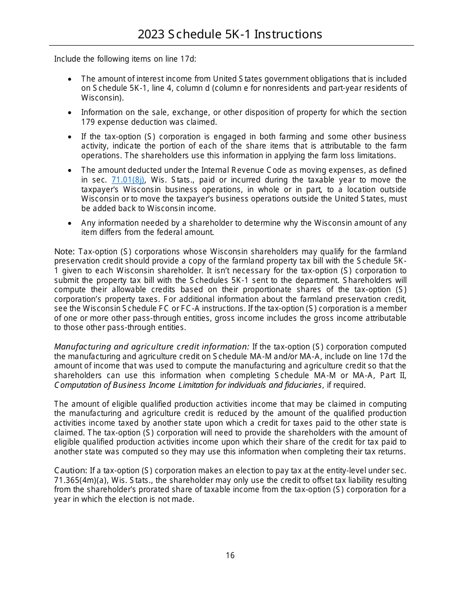 Instructions for Form IC-056 Schedule 5K-1 Tax-Option (S) Corporation Shareholders Share of Income, Deductions, Credits, Etc. - Wisconsin, Page 16