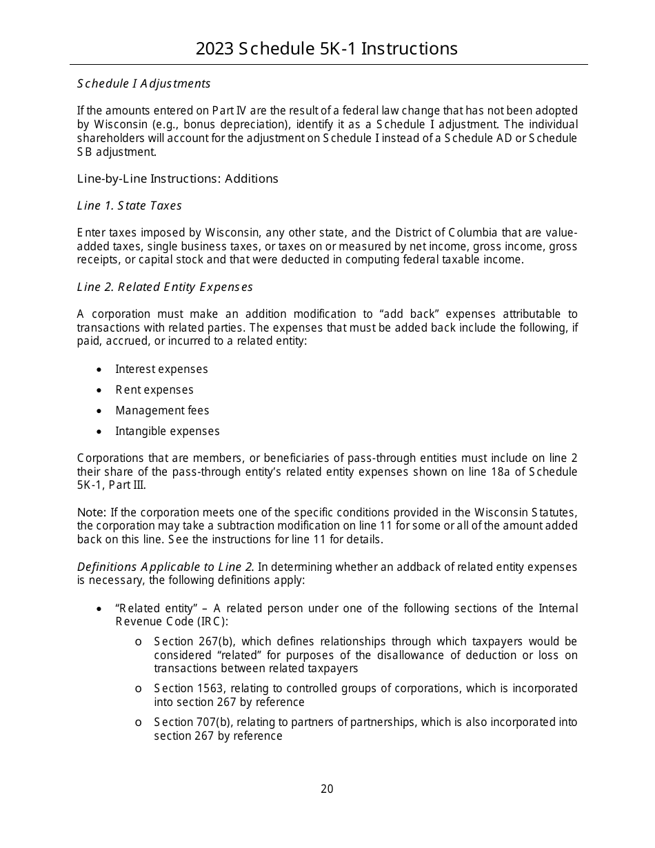 Instructions for Form IC-056 Schedule 5K-1 Tax-Option (S) Corporation Shareholders Share of Income, Deductions, Credits, Etc. - Wisconsin, Page 20