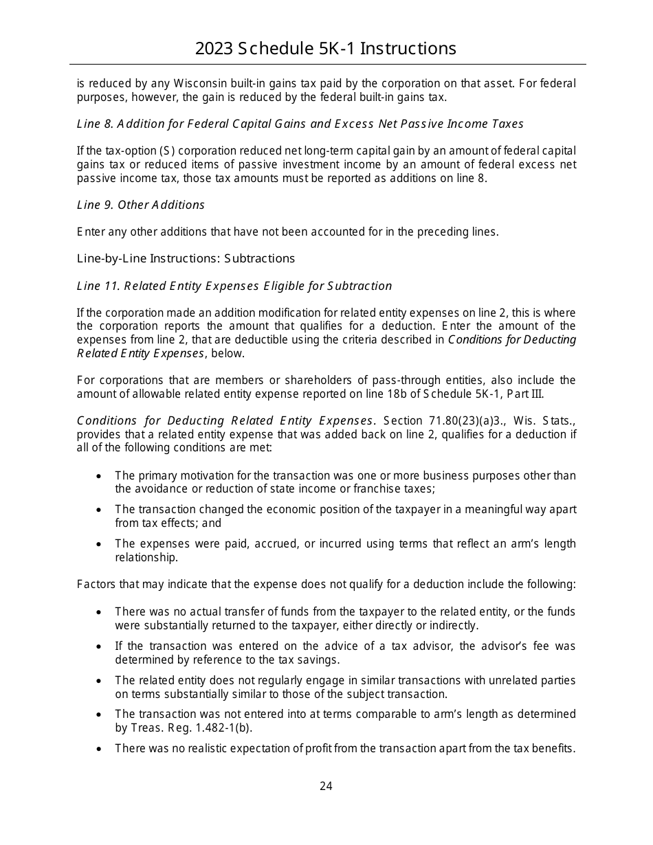 Instructions for Form IC-056 Schedule 5K-1 Tax-Option (S) Corporation Shareholders Share of Income, Deductions, Credits, Etc. - Wisconsin, Page 24