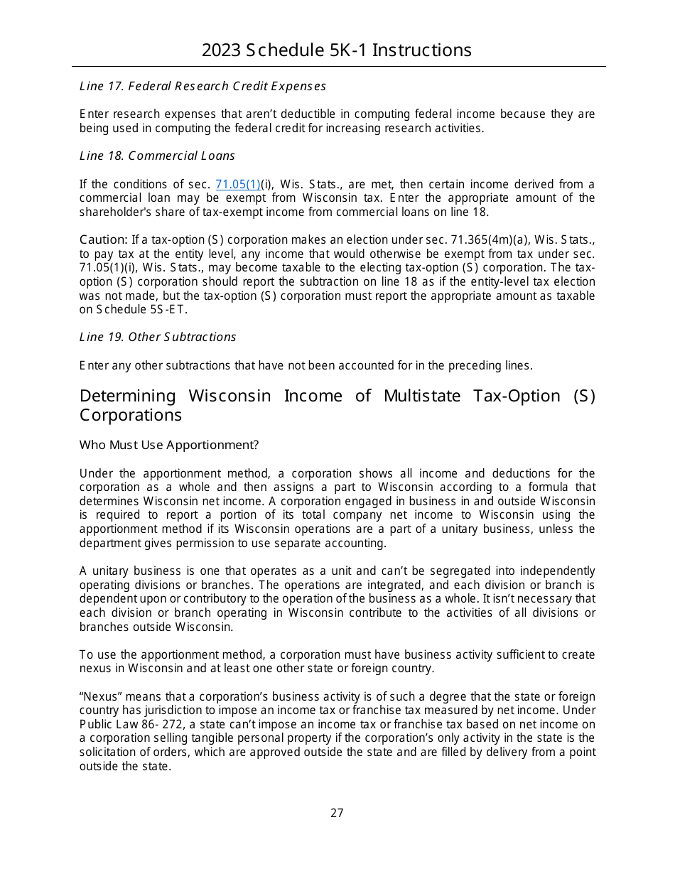 Instructions for Form IC-056 Schedule 5K-1 Tax-Option (S) Corporation Shareholders Share of Income, Deductions, Credits, Etc. - Wisconsin, Page 27