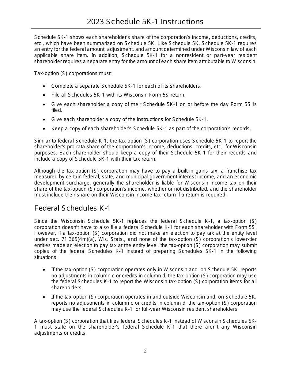 Instructions for Form IC-056 Schedule 5K-1 Tax-Option (S) Corporation Shareholders Share of Income, Deductions, Credits, Etc. - Wisconsin, Page 2