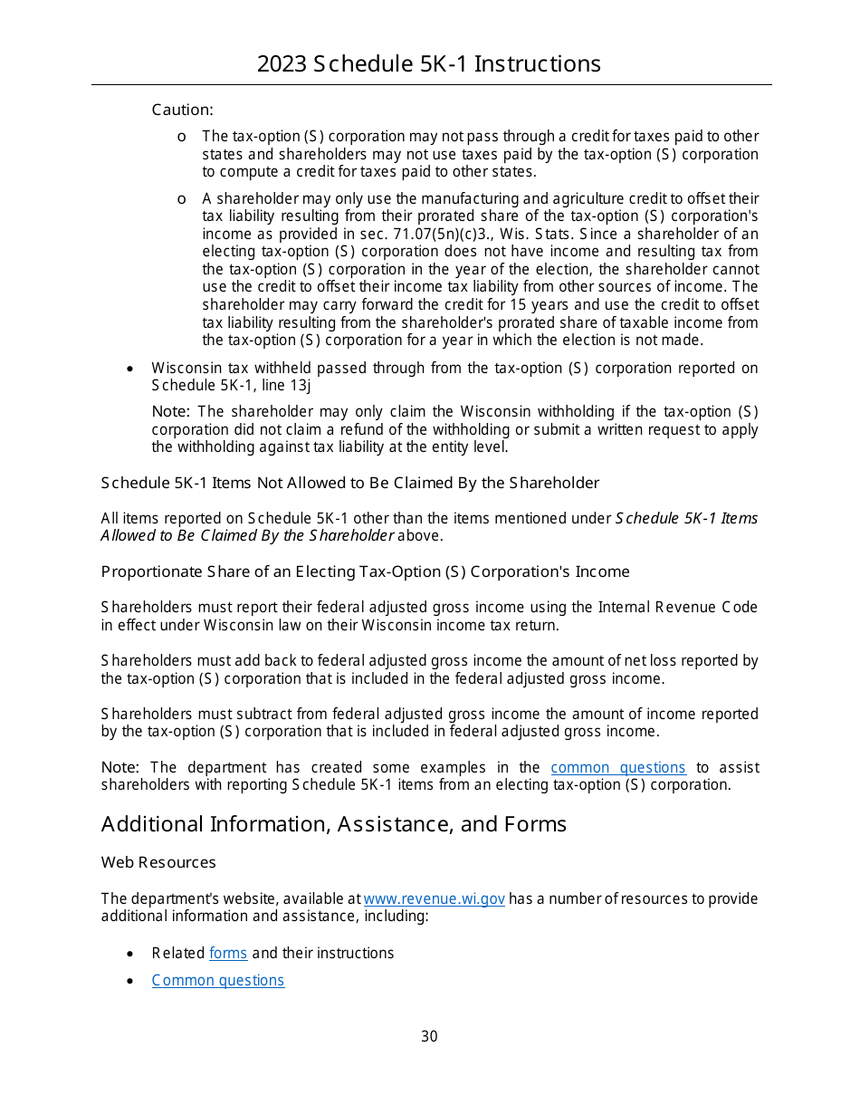 Instructions for Form IC-056 Schedule 5K-1 Tax-Option (S) Corporation Shareholders Share of Income, Deductions, Credits, Etc. - Wisconsin, Page 30