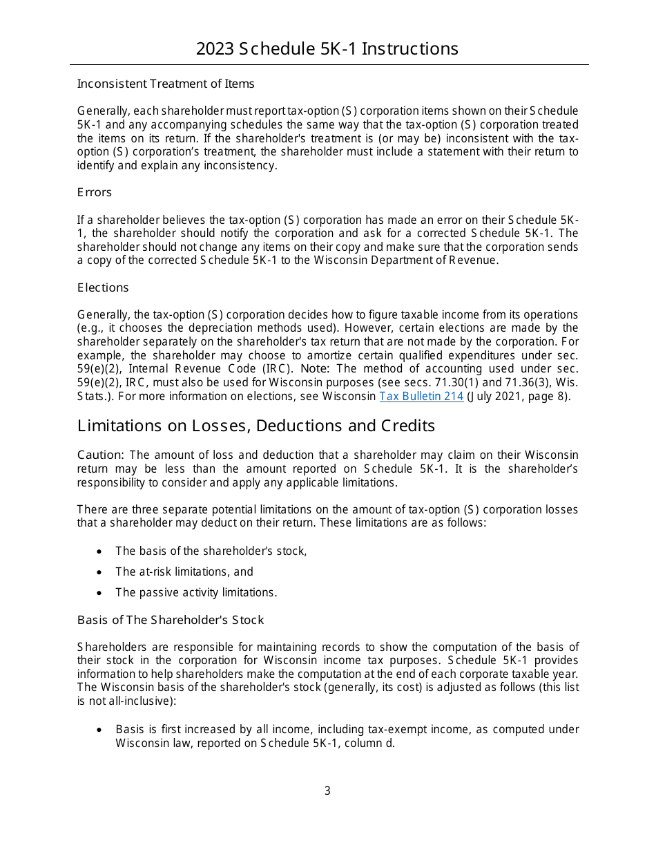 Instructions for Form IC-056 Schedule 5K-1 Tax-Option (S) Corporation Shareholders Share of Income, Deductions, Credits, Etc. - Wisconsin, Page 3