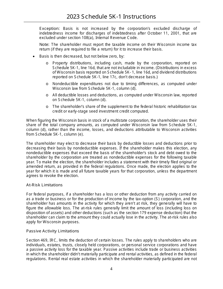 Instructions for Form IC-056 Schedule 5K-1 Tax-Option (S) Corporation Shareholders Share of Income, Deductions, Credits, Etc. - Wisconsin, Page 4