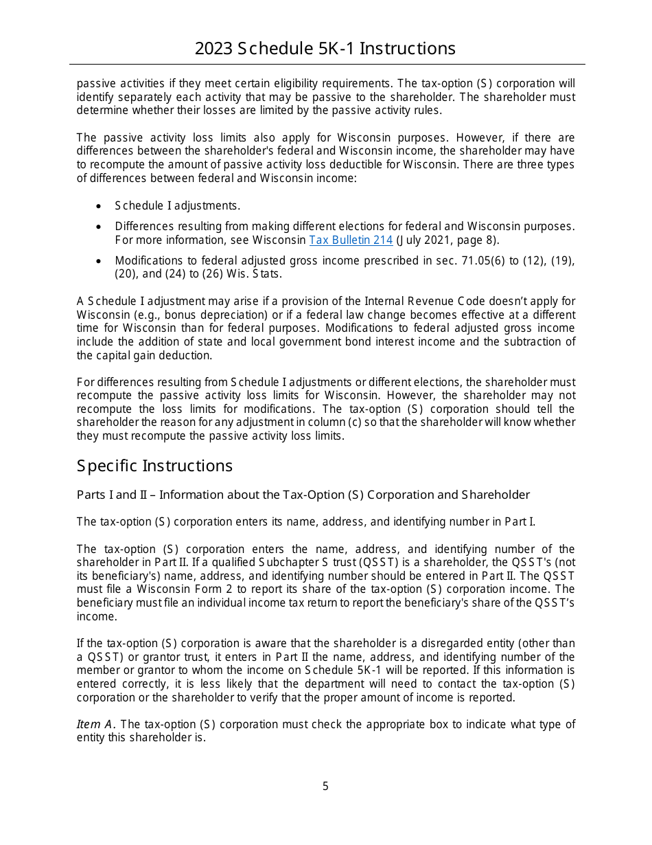 Instructions for Form IC-056 Schedule 5K-1 Tax-Option (S) Corporation Shareholders Share of Income, Deductions, Credits, Etc. - Wisconsin, Page 5