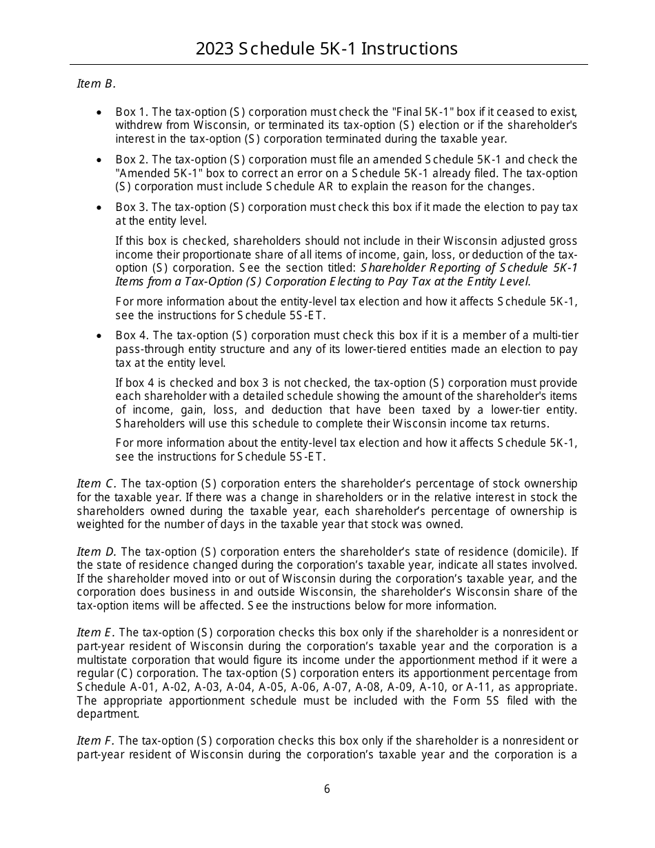 Instructions for Form IC-056 Schedule 5K-1 Tax-Option (S) Corporation Shareholders Share of Income, Deductions, Credits, Etc. - Wisconsin, Page 6