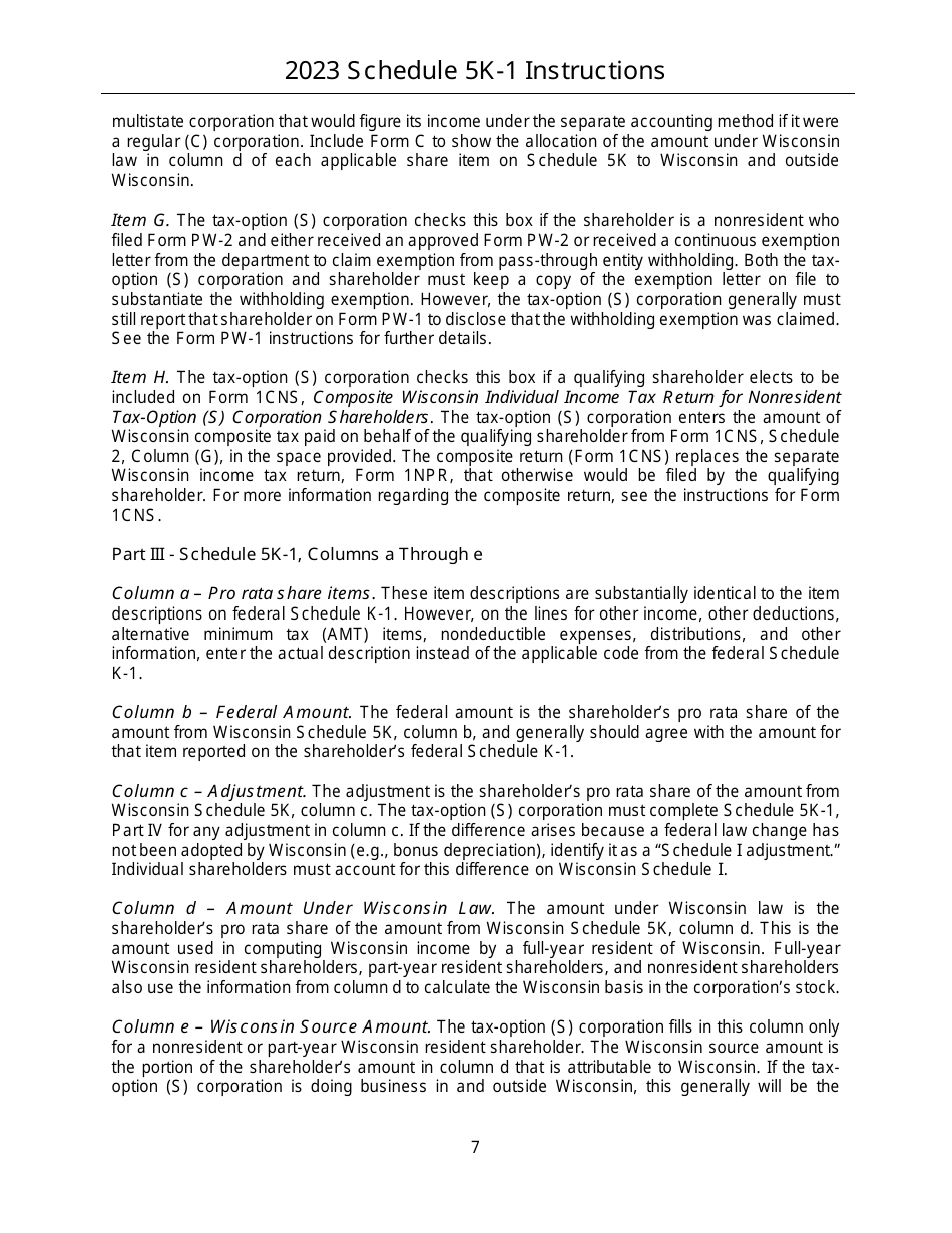 Instructions for Form IC-056 Schedule 5K-1 Tax-Option (S) Corporation Shareholders Share of Income, Deductions, Credits, Etc. - Wisconsin, Page 7