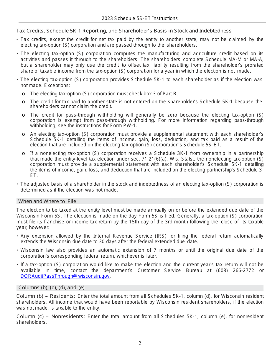 Instructions for Form IC-010 Schedule 5S-ET Entity-Level Tax Computation - Wisconsin, Page 2