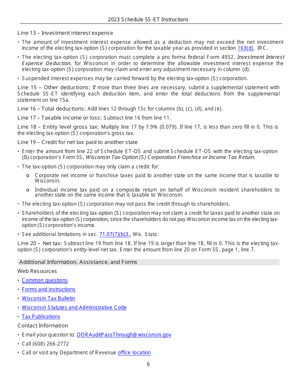 Instructions for Form IC-010 Schedule 5S-ET Entity-Level Tax Computation - Wisconsin, Page 6