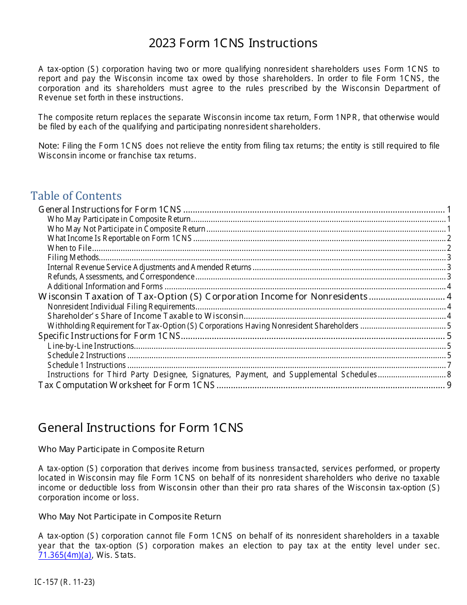 Instructions for Form 1CNS, IC-057 Composite Wisconsin Individual Income Tax Return for Nonresident Tax-Option (S) Corporation Shareholders - Wisconsin, Page 1