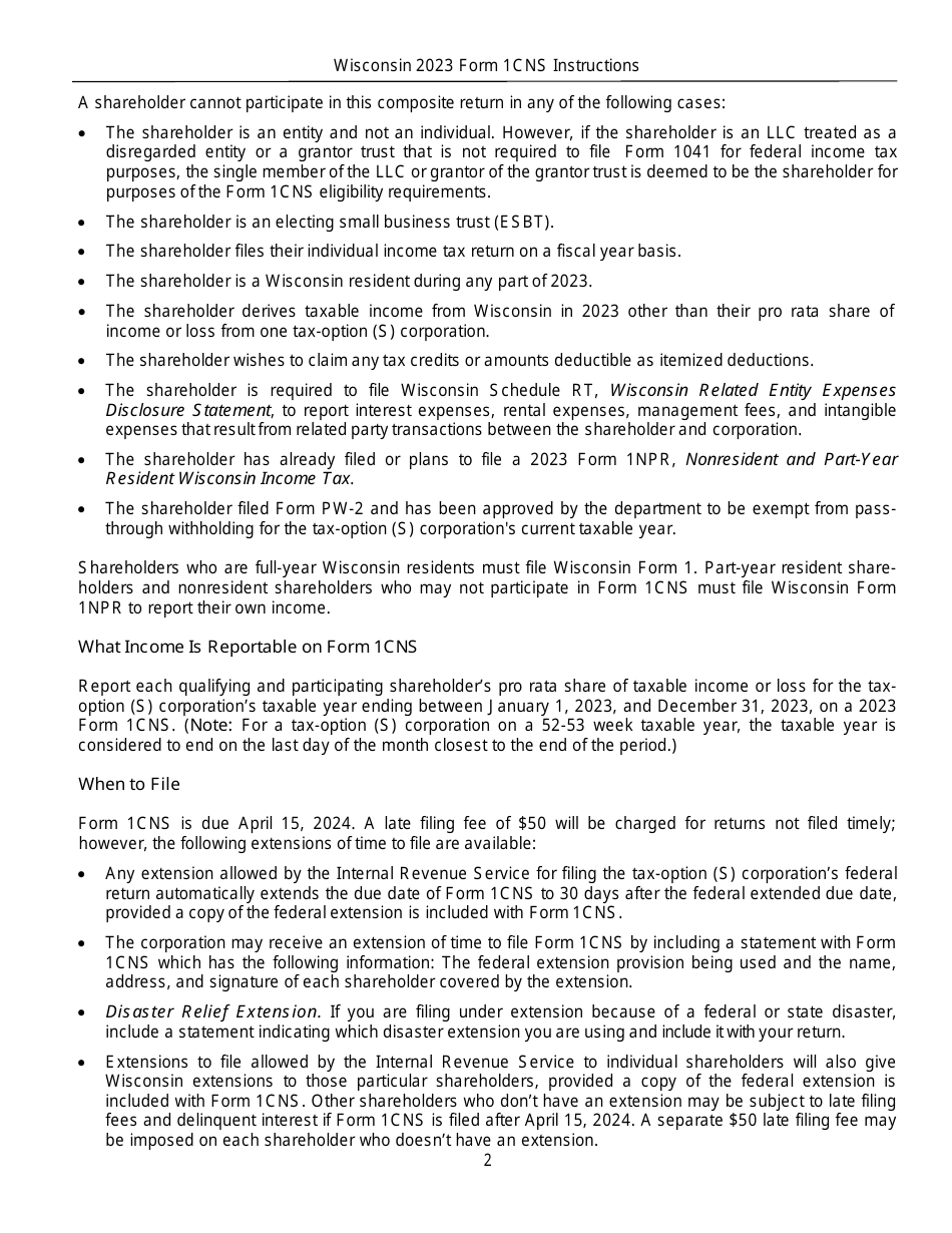 Instructions for Form 1CNS, IC-057 Composite Wisconsin Individual Income Tax Return for Nonresident Tax-Option (S) Corporation Shareholders - Wisconsin, Page 2