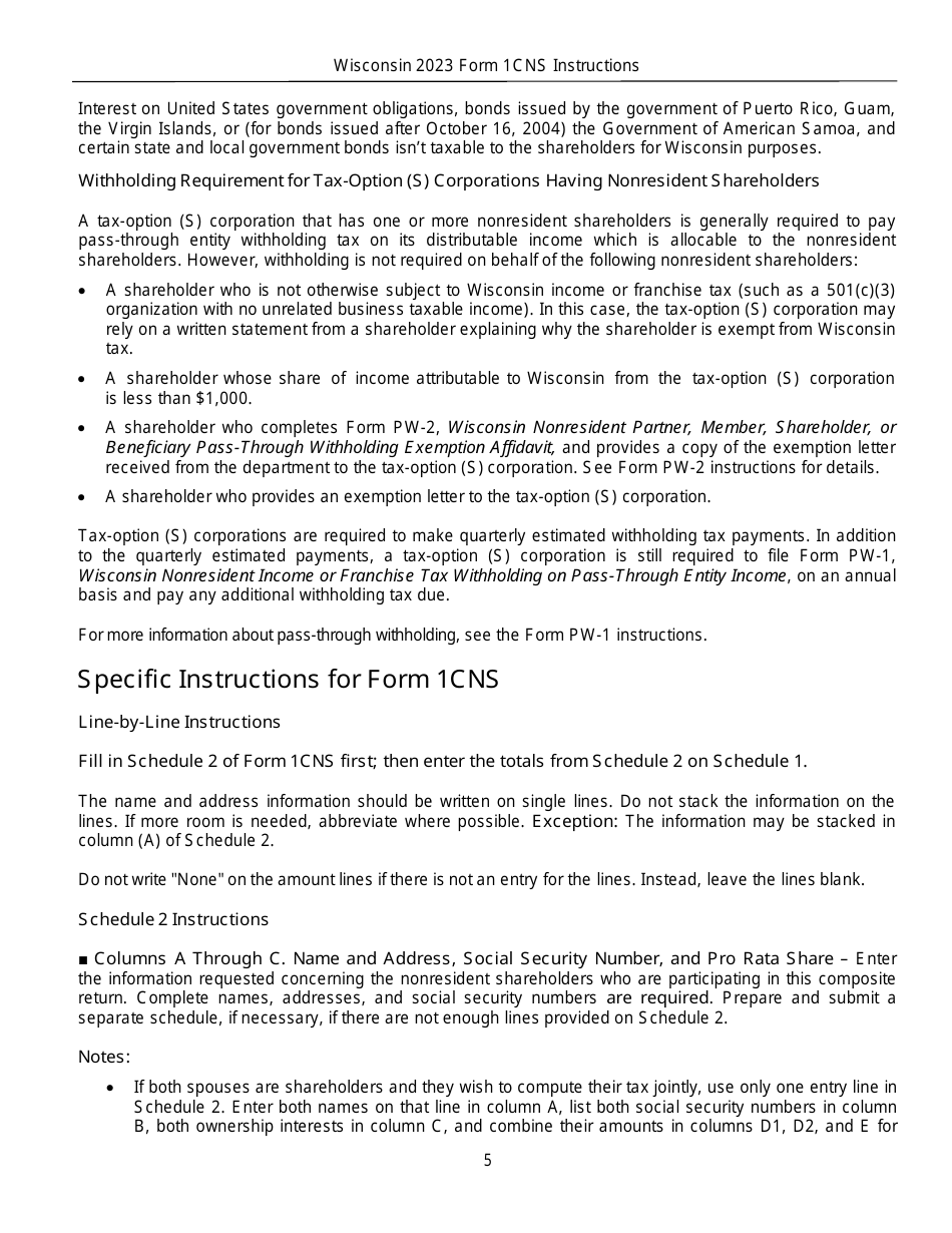 Instructions for Form 1CNS, IC-057 Composite Wisconsin Individual Income Tax Return for Nonresident Tax-Option (S) Corporation Shareholders - Wisconsin, Page 5