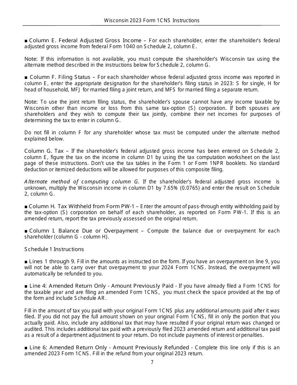 Download Instructions For Form 1cns Ic 057 Composite Wisconsin Individual Income Tax Return For 1337