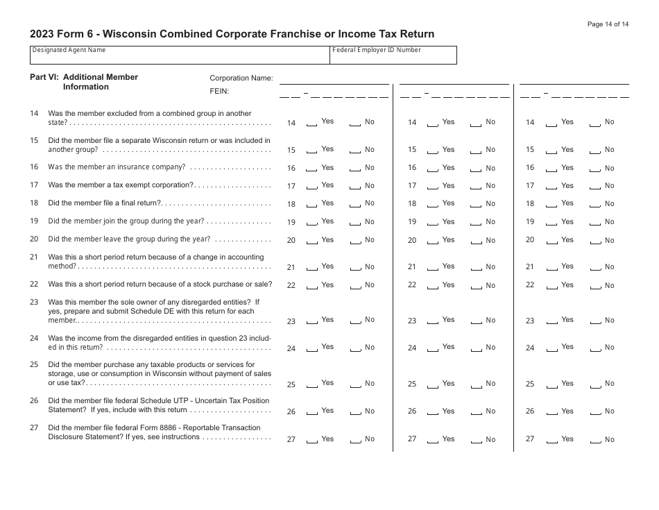 Form 6 (IC-406) Wisconsin Combined Corporation Franchise or Income Tax Return - Wisconsin, Page 14