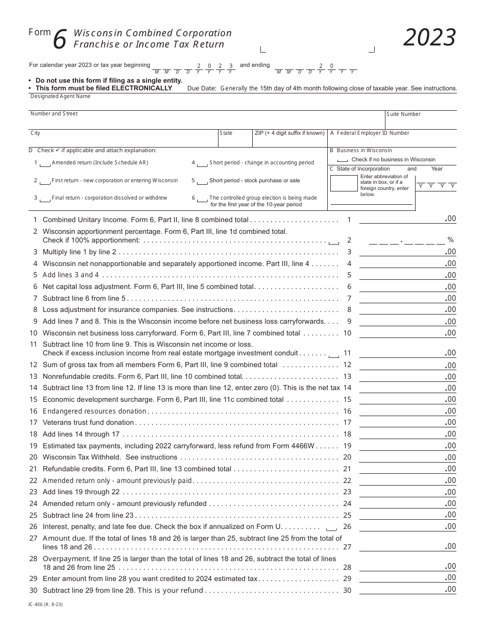 Form 6 (IC-406) Wisconsin Combined Corporation Franchise or Income Tax Return - Wisconsin, Page 1