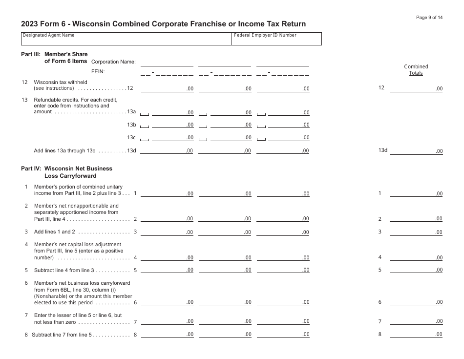 Form 6 (IC-406) Wisconsin Combined Corporation Franchise or Income Tax Return - Wisconsin, Page 9