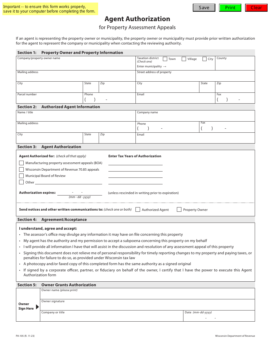 Form PA-105 Download Fillable PDF or Fill Online Agent Authorization ...