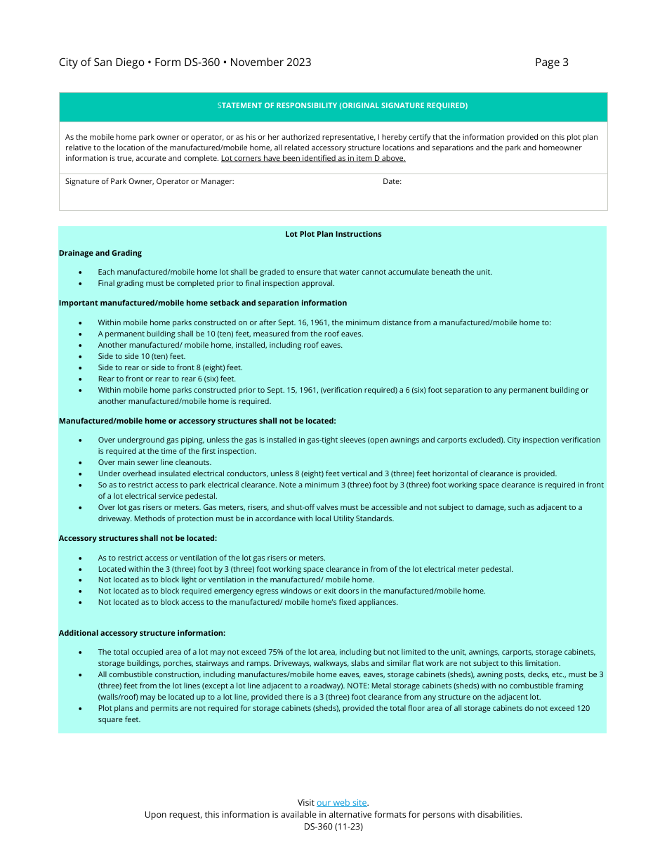 Form DS-360 Plot Plan and Information Sheet for Mobile / Manufactured Home Accessory Structures - City of San Diego, California, Page 3