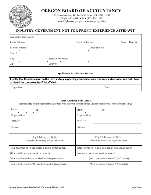 Industry, Government, Not-For-Profit Experience Affidavit - Oregon Download Pdf