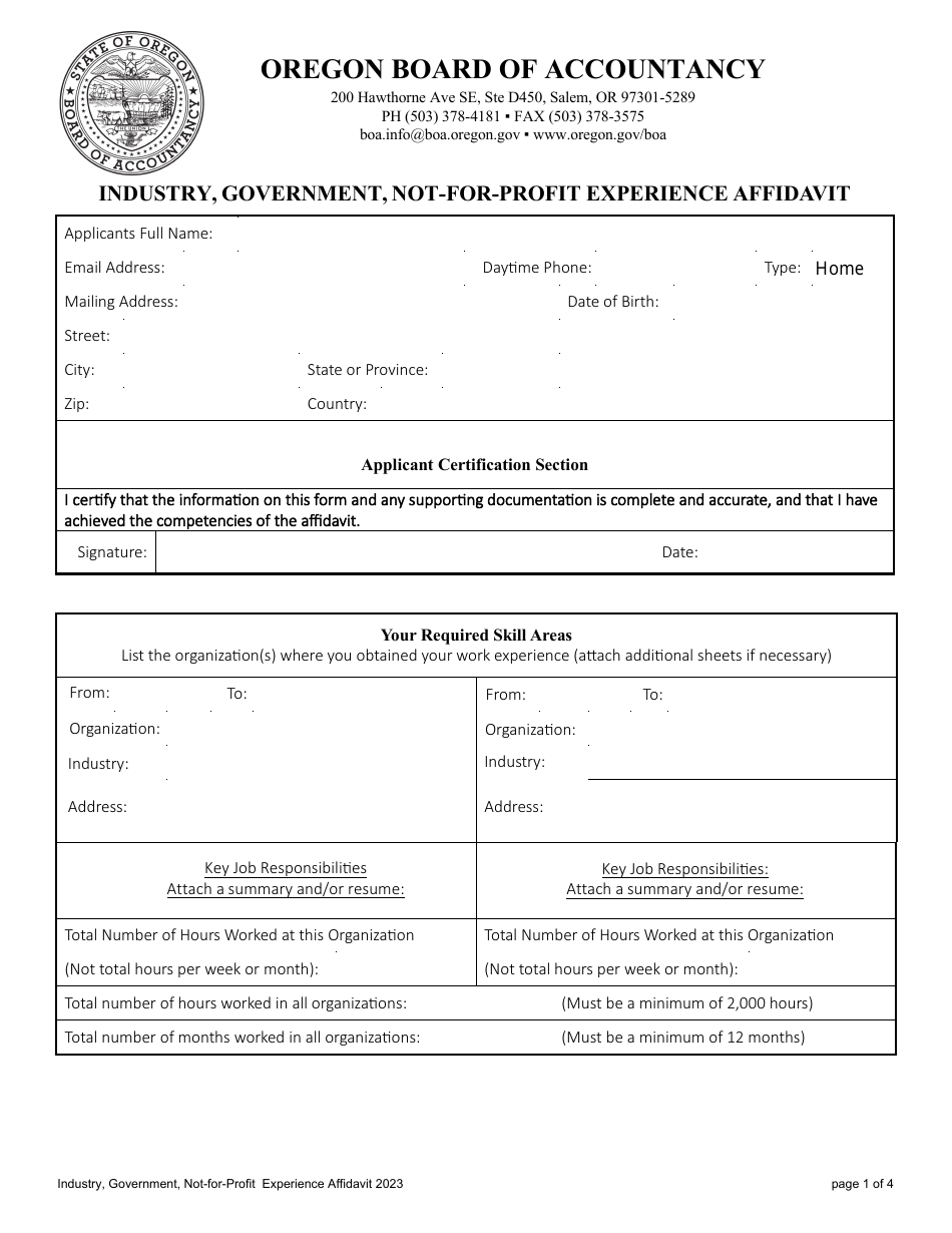 Industry, Government, Not-For-Profit Experience Affidavit - Oregon, Page 1